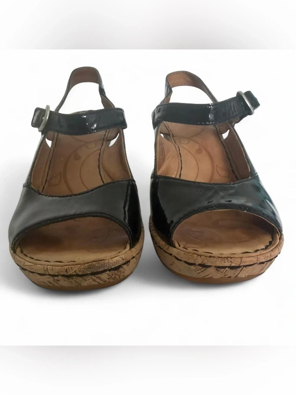 Born Black Patent Leather Cork Wedge Peep Toe Platform Sandals Size 8 Resortwear